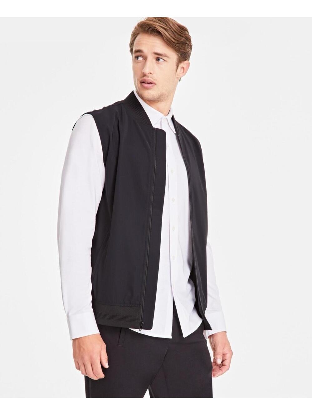 $79 Alfani Mens Alfatech Zipper Vest Deep Black Stretch Bomber Collar $79